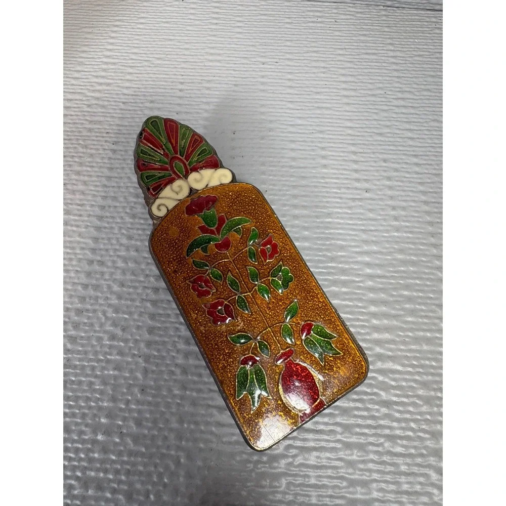 Vintage Brass Greek Cloisonne Enamel Money Clip Floral Nautical Sailing Ship
